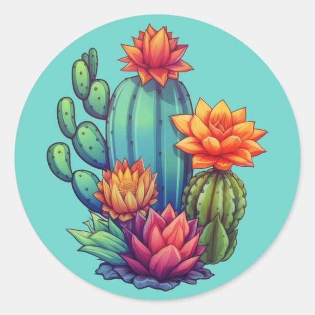 Pretty Blooming Cactus Classic Round Sticker (Front)