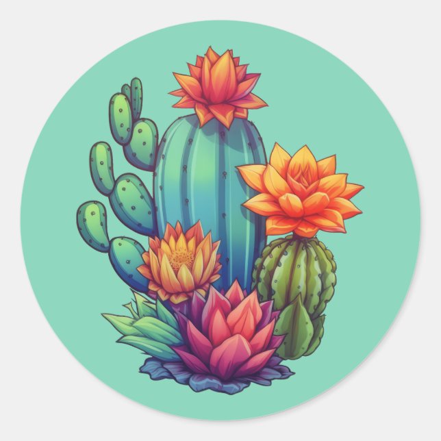 Pretty Blooming Cactus Classic Round Sticker (Front)