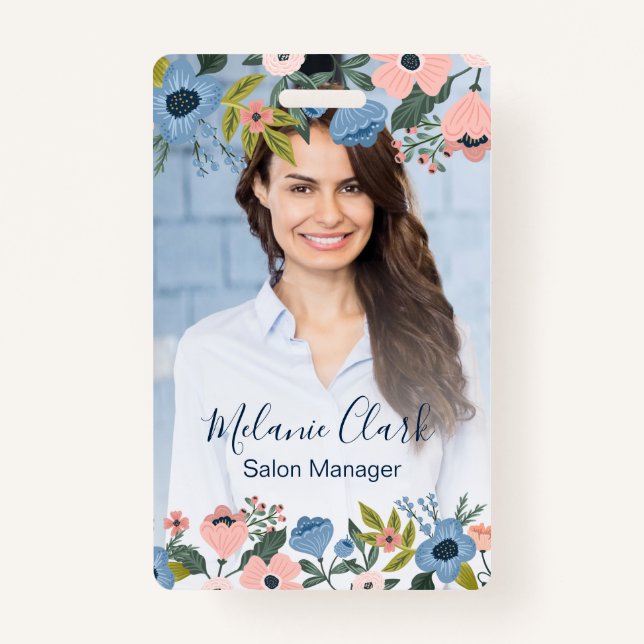 Pretty Blossom Pink & Blue Floral Frame Photo ID ID Badge (Front)