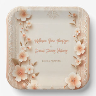 Pretty Blossoming Romantic Lace Peach Wedding Paper Plate
