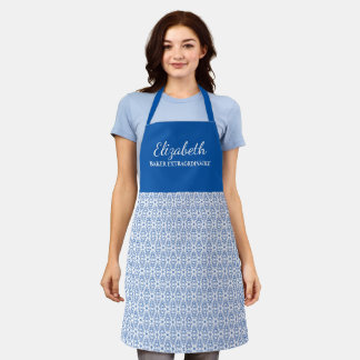 Pretty Blue Abstract Flower Pattern Name Apron