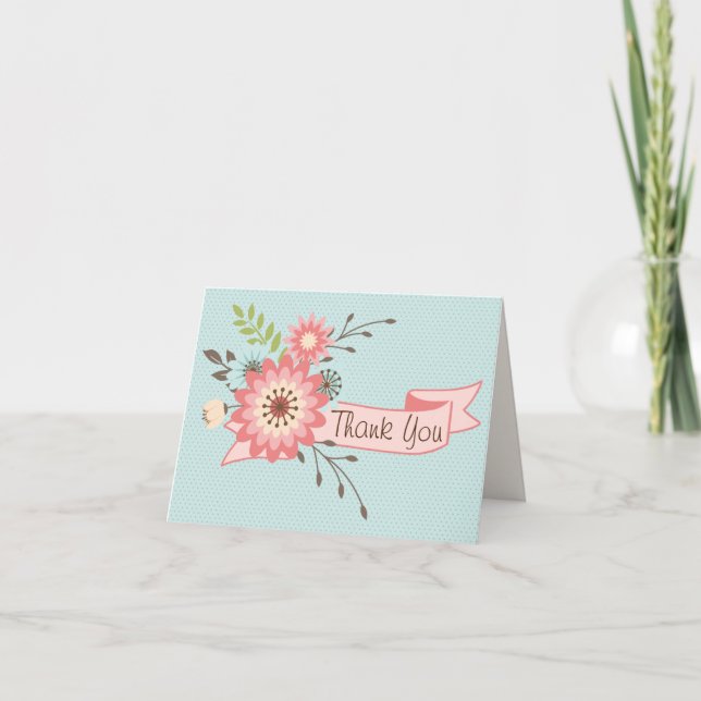 Pretty Blue and Coral Floral Thank You Card (Front)