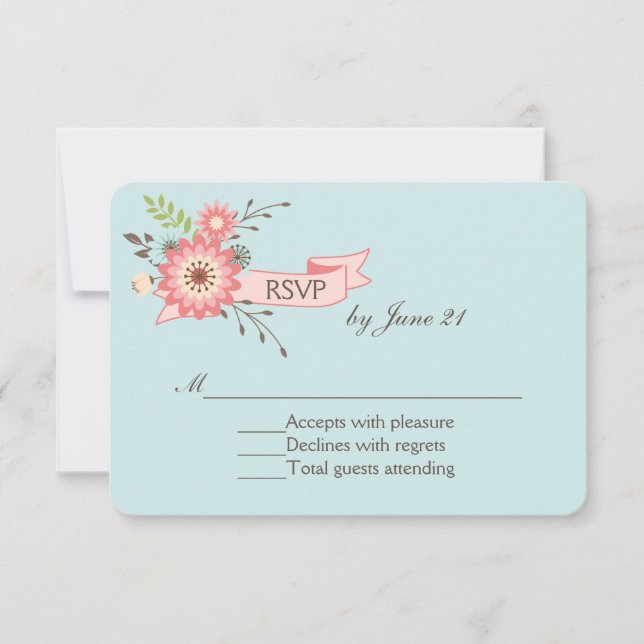 Pretty Blue and Coral Floral Wedding RSVP Card (Front)