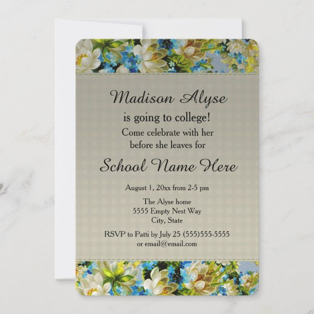 Pretty Blue and Cream Floral "Off to College" Invitation (Front)
