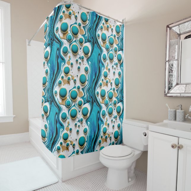 Pretty Blue and Gold Fluid Art Cascading Water Shower Curtain (In Situ)