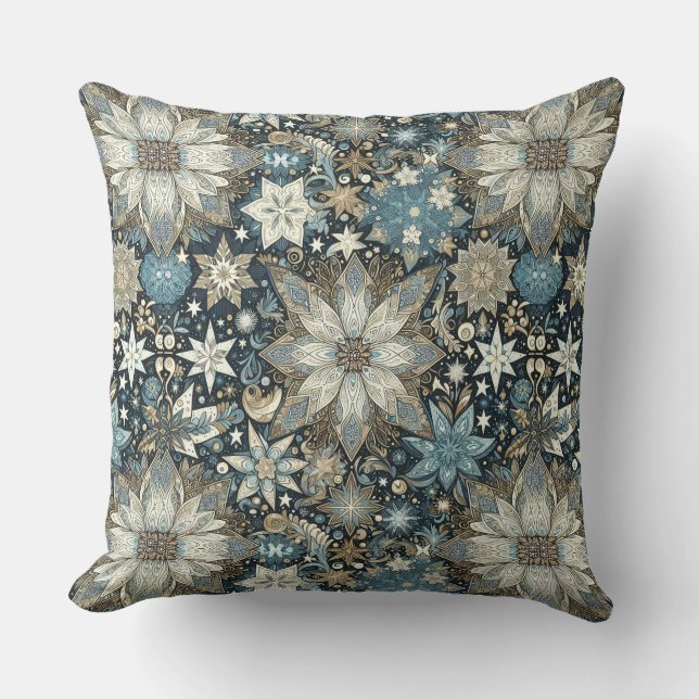 Pretty Blue and Gold Snowflakes Festive Cushion (Front)