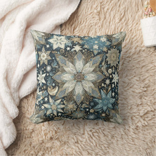 Pretty Blue and Gold Snowflakes Festive Cushion