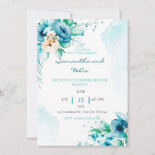 Pretty Blue and Green Floral Wedding Invitation