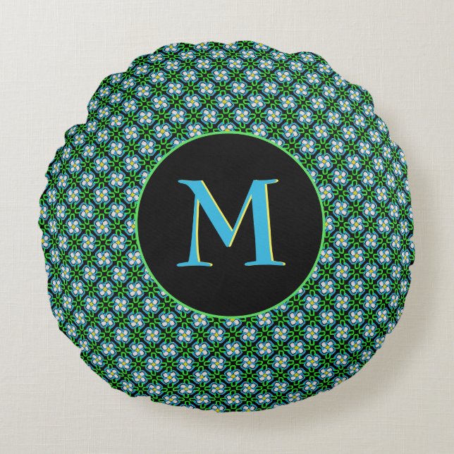Pretty Blue and Green Flowers Pattern Monogram Round Cushion (Front)