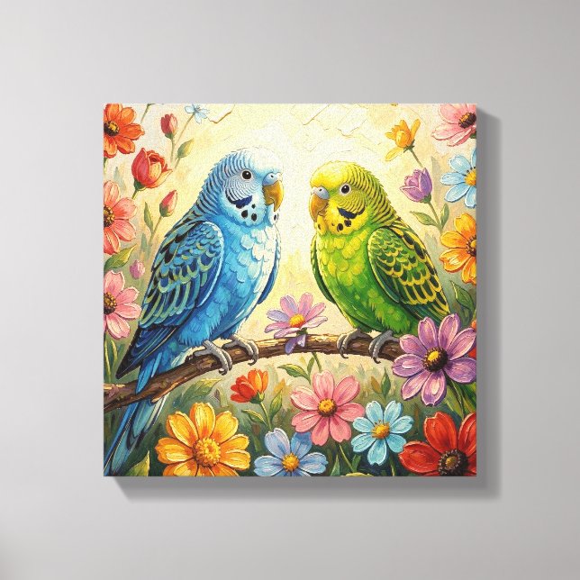 Pretty  Blue and Green Parakeets  Canvas Print (Front)