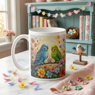 Pretty  Blue and Green Parakeets Personalised Coffee Mug