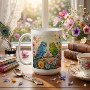 Pretty  Blue and Green Parakeets Personalized Coffee Mug