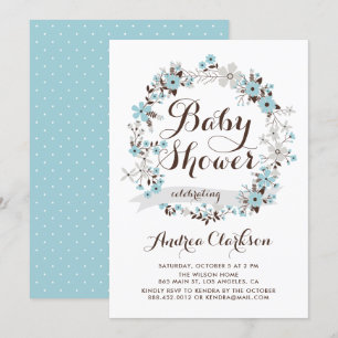 Pretty Blue and Grey Floral Wreath Baby Shower Invitation