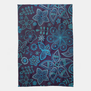 Pretty Blue And Navy Floral Pattern With Butterfly Tea Towel