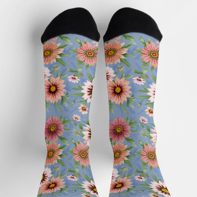 Pretty Blue and Pink Daisy Floral Print Socks (Top)