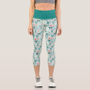Pretty Blue and Pink Pastel Folk Art Flowers Capri Leggings
