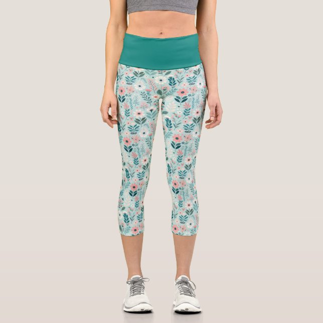 Pretty Blue and Pink Pastel Folk Art Flowers Capri Leggings (Front)