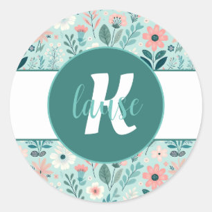 Pretty Blue and Pink Pastel Folk Art Flowers Classic Round Sticker