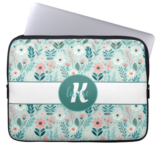 Pretty Blue and Pink Pastel Folk Art Flowers Laptop Sleeve (Front)