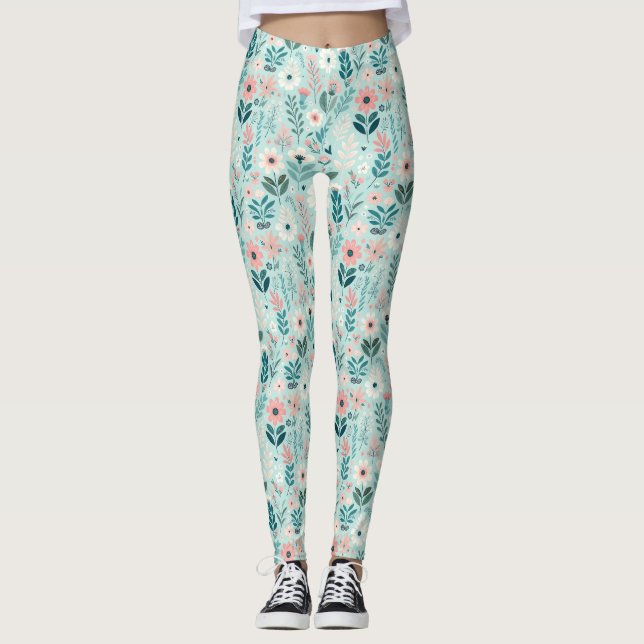 Pretty Blue and Pink Pastel Folk Art Flowers Leggings (Front)