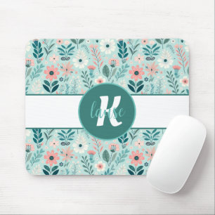 Pretty Blue and Pink Pastel Folk Art Flowers Mouse Mat