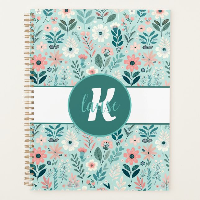 Pretty Blue and Pink Pastel Folk Art Flowers Planner (Front)