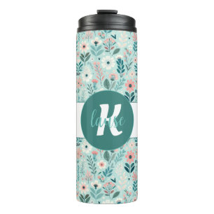 Pretty Blue and Pink Pastel Folk Art Flowers Thermal Tumbler