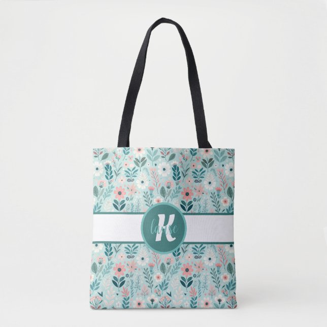 Pretty Blue and Pink Pastel Folk Art Flowers Tote Bag (Front)