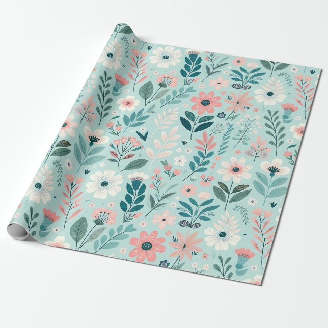 Pretty Blue and Pink Pastel Folk Art Flowers Wrapping Paper (Unrolled)