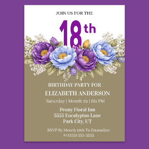 Pretty Blue and Purple Peony 18th Birthday Invitation