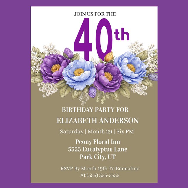 Pretty Blue and Purple Peony 40th Birthday Invitation (Elegant 40th birthday invitation with purple and blue peony flowers)