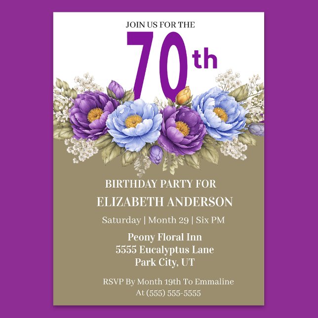 Pretty Blue and Purple Peony 70th Birthday Invitation (Elegant 70th birthday invitation with purple and blue peony flowers)
