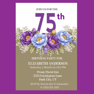 Pretty Blue and Purple Peony 75th Birthday Invitation