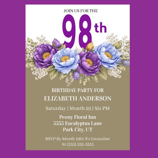 Pretty Blue and Purple Peony 98th Birthday Invitation (Elegant blue and purple peony floral 98th birthday invitation)