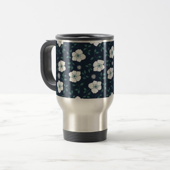 Pretty Blue and White Floral Pattern Travel Mug (Front Left)