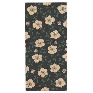 Pretty Blue and White Floral Pattern Wood USB Flash Drive