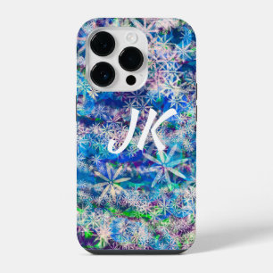 Pretty Blue and White Flowers or Snowflakes iPhone 14 Pro Case