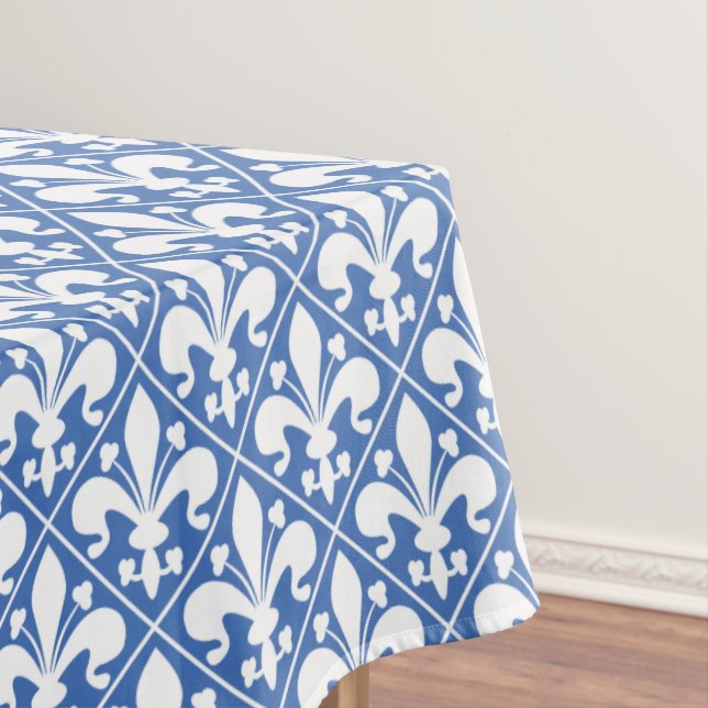 Pretty Blue and White French Fleur de Lys Tablecloth (In Situ)