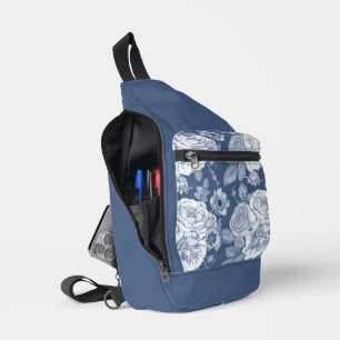 PRETTY BLUE AND WHITE HAND DRAWN FLOWERS SLING BAG