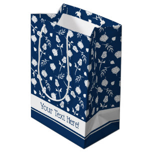 Pretty Blue and White Roses Rosebud Floral Print Medium Gift Bag