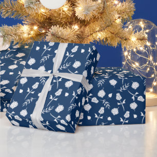Pretty Blue and White Roses Rosebud Floral Print Wrapping Paper