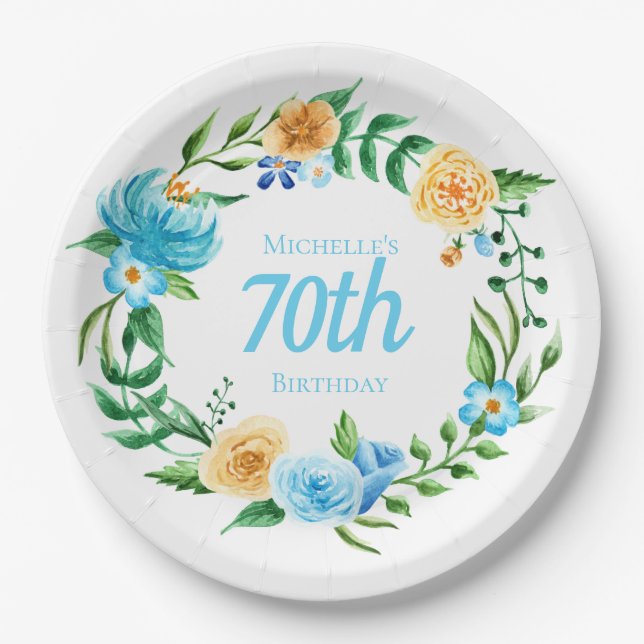 Pretty Blue and Yellow Floral 70th Birthday   Paper Plate (Front)