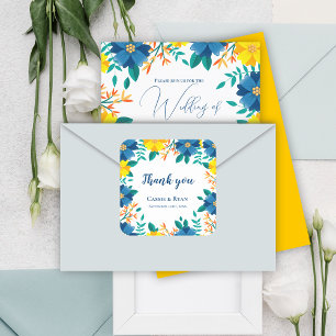 Pretty Blue and Yellow Floral Wedding Thank you Square Sticker