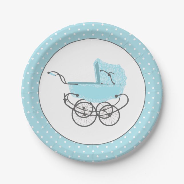 Pretty Blue Baby Buggy Baby Shower Paper Plate (Front)