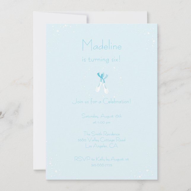 Pretty Blue Ballet Slippers Birthday Invite (Front)