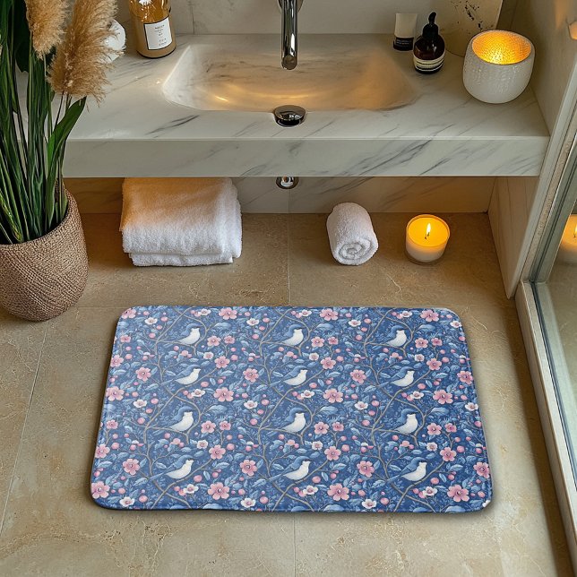 Pretty Blue Birds Pink Roses Elegant Bath Mat (Creator Uploaded)
