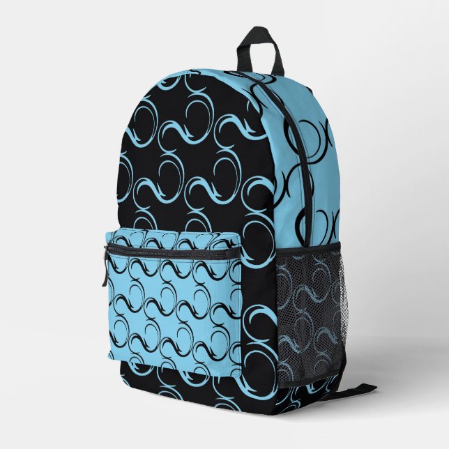 PRETTY BLUE & BLACK ABSTRACT SWIRLS PRINTED BACKPACK (Back Corner Right)