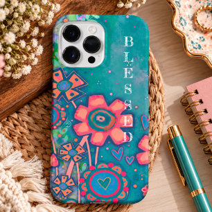 Pretty Blue Blessed inspirivity Pink Floral iPhone 14 Pro Max Case