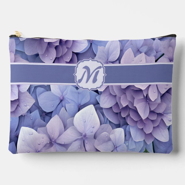 Pretty Blue Blossom Hydrangea Monogram Accessory Pouch (Front)