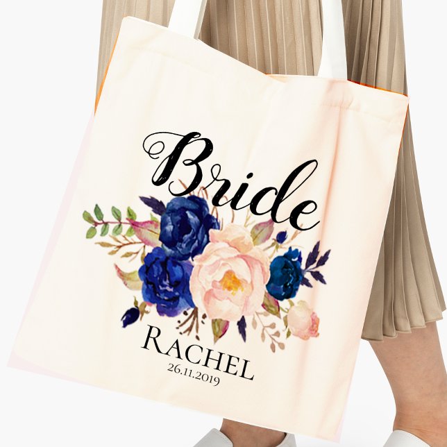 Pretty Blue Blush Pink Floral Bride Wedding Tote Bag (Creator Uploaded)
